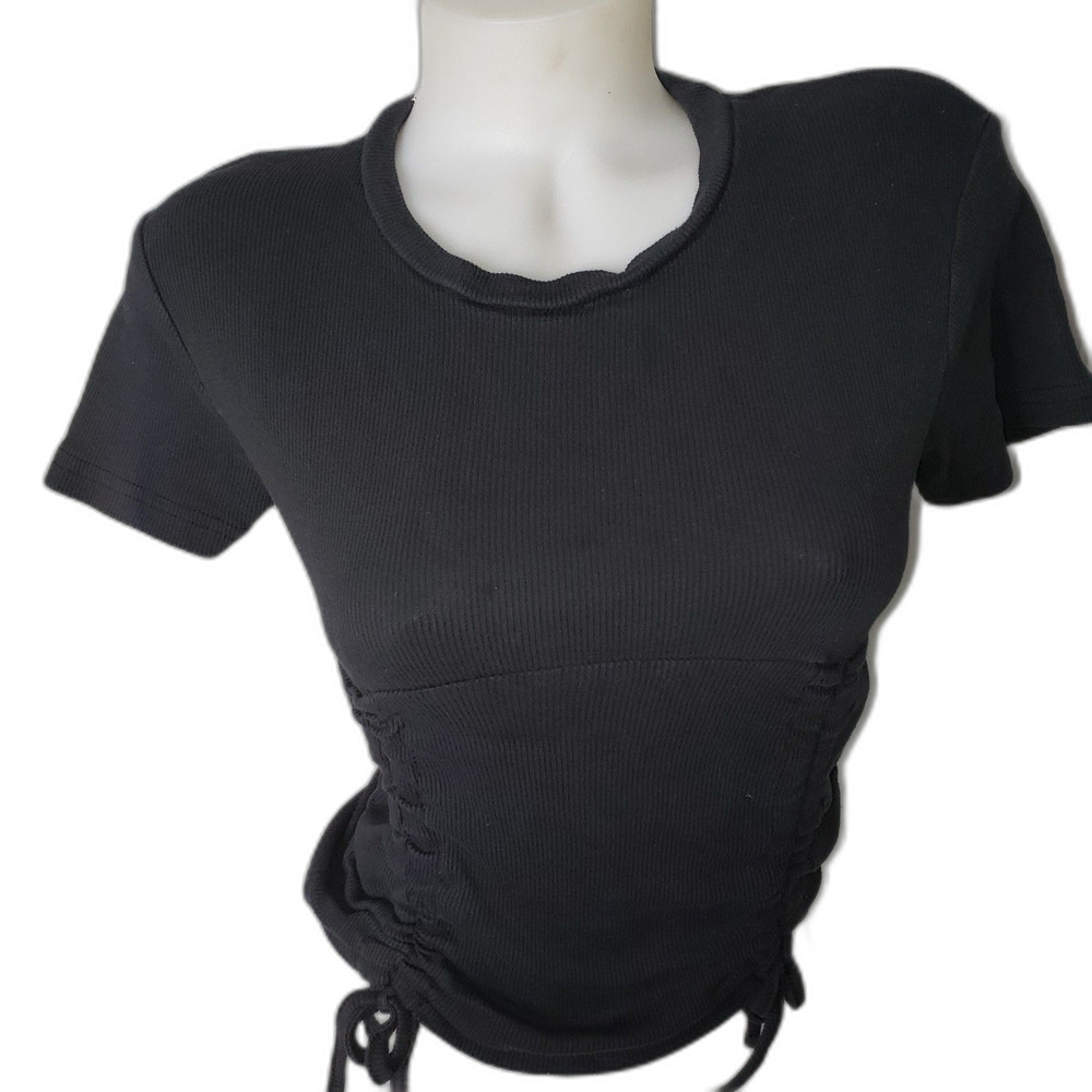 ON FIRE Ribbed Cropped Ruched Crew Neck T Shirt Top Juniors Size XL